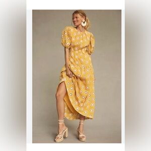 Anthropologie En Saison Puff Sleeve Tiered Embroidered Yellow Dress BRAND NEW